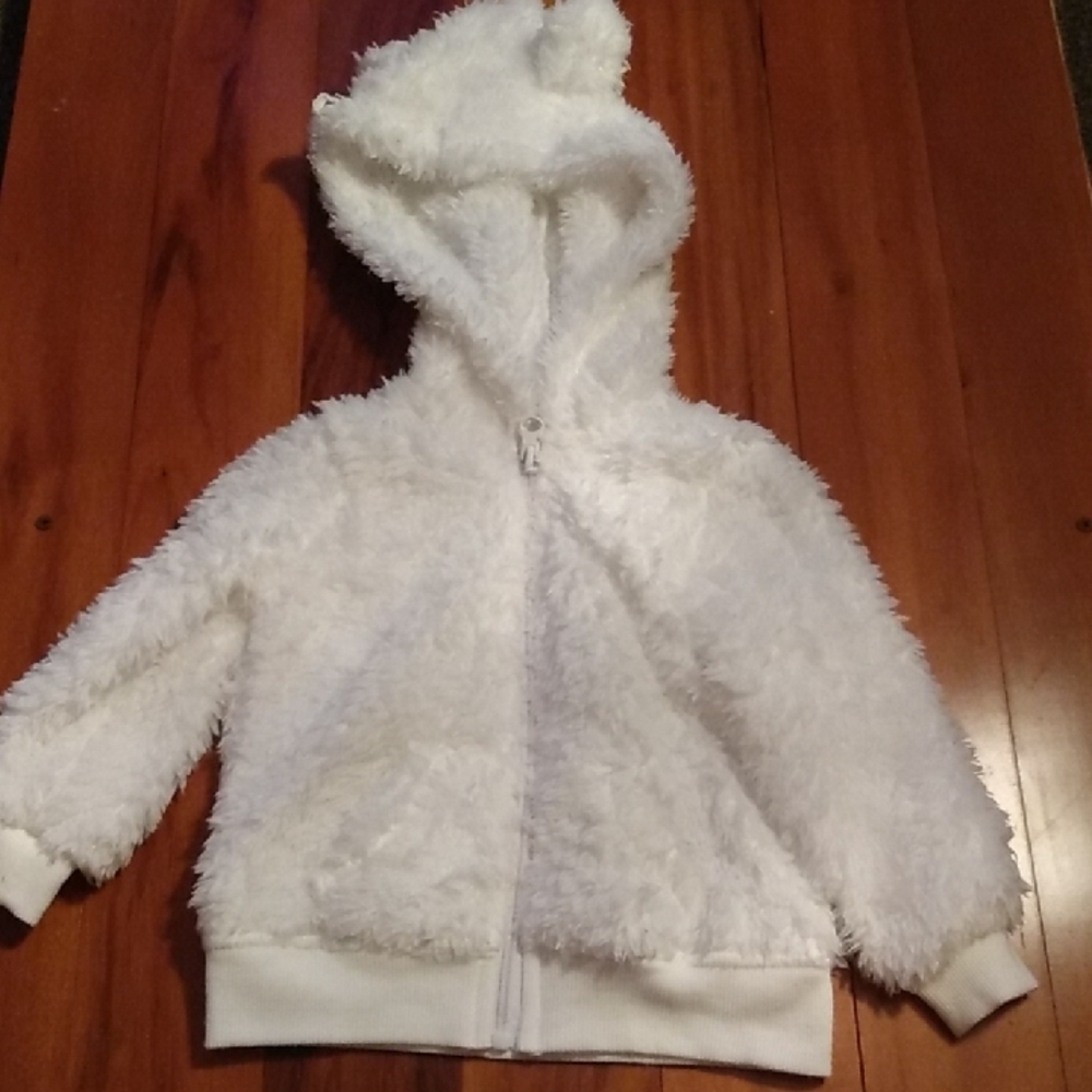 Okie Dokie Baby 9 Months White Fuzzy Fleece Zip-Up Bear Ear Hooded Jacket
